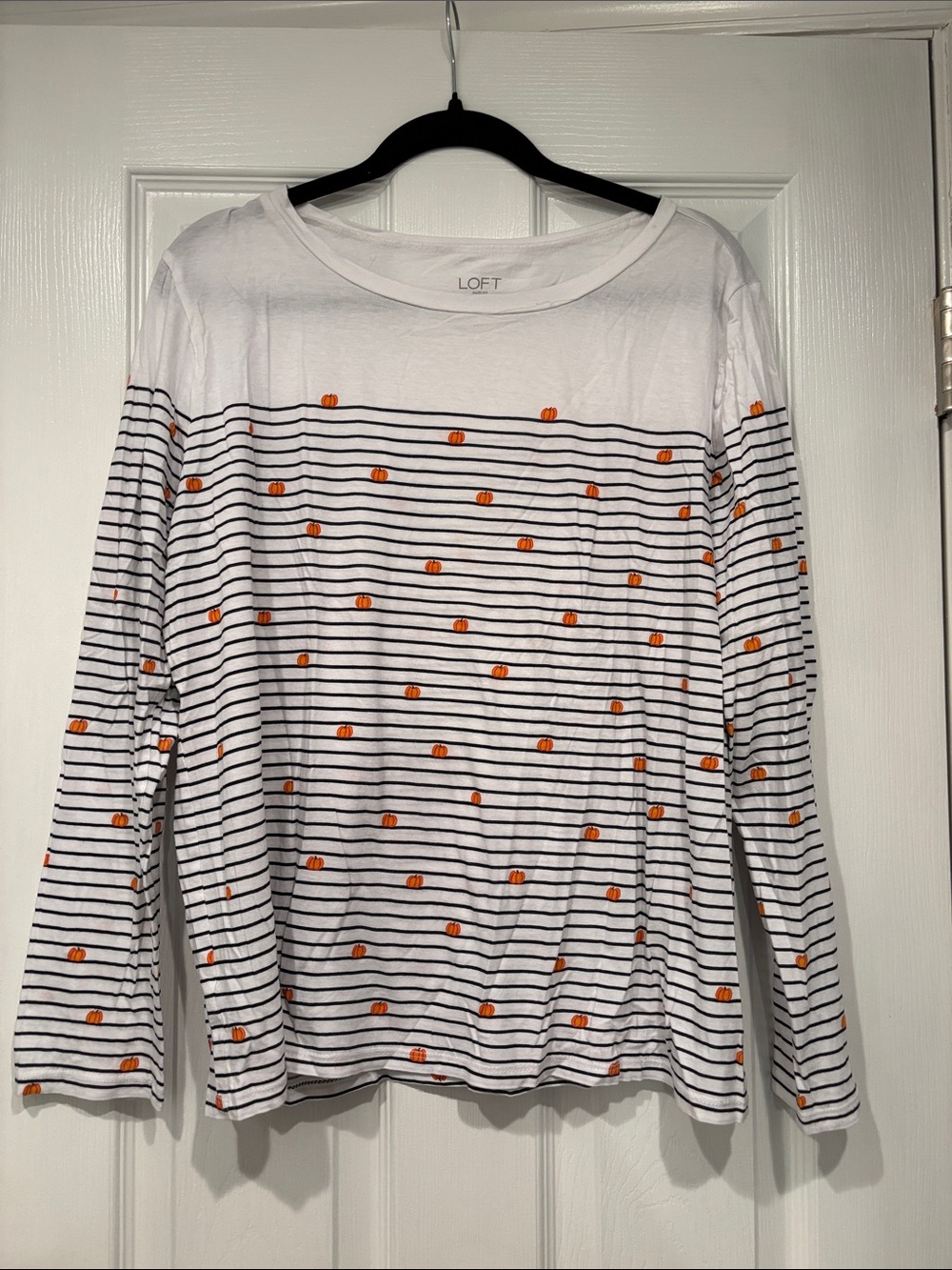 LOFT White Striped Long-Sleeve Top with Orange Pumpkin Print